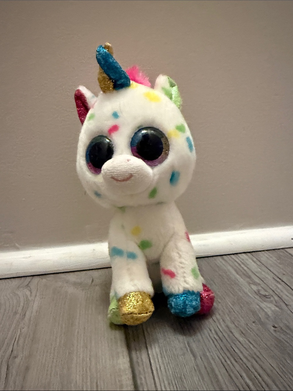 White Rainbow Polka-Dot Unicorn Plush Toy with Glitter Accents
